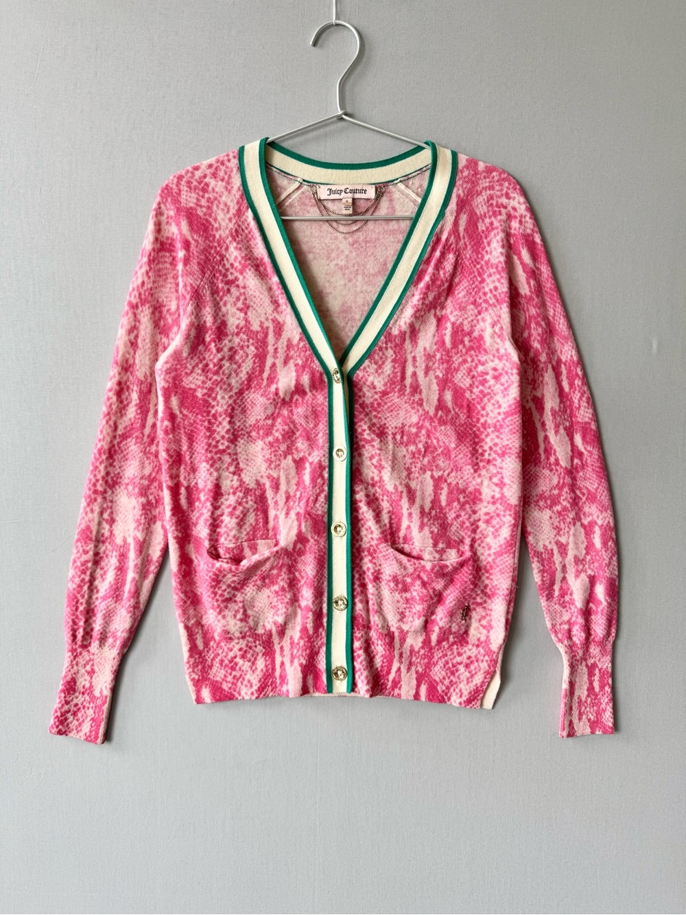 Juicy Couture Pink Snake-Print 100% Wool V-Neck Cardigan with Green-Trim Placket